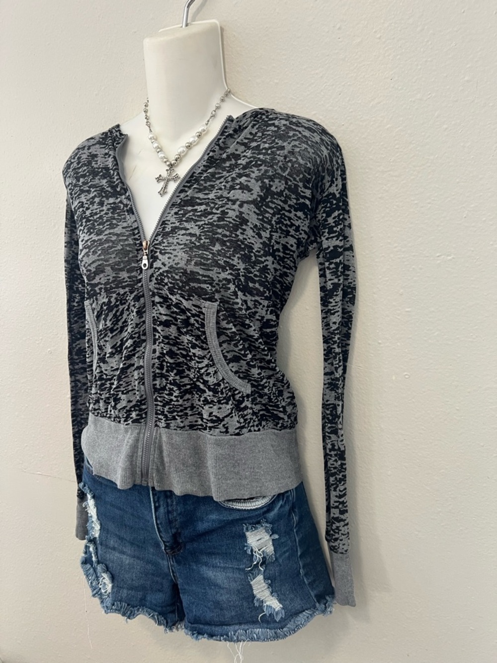 Arizona Jean Co Gray Black Zip Up Hoodie Size Small Lightweight Fitted - Picture 4 of 7